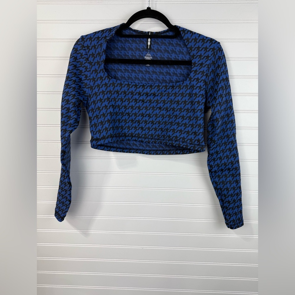 Adam Selman Sport Blue Houndstooth Crop workout long sleeved bra Top. Size Large - Picture 2 of 6
